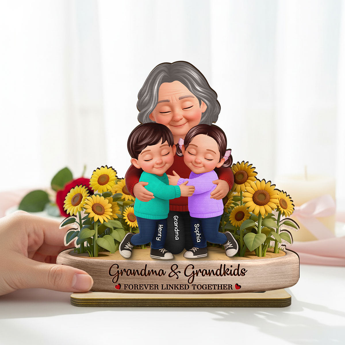 Grandma And Grandkids Forever Linked Together Sunflower Field - Personalized 2-Layered Wooden Plaque - Gift For Grandma