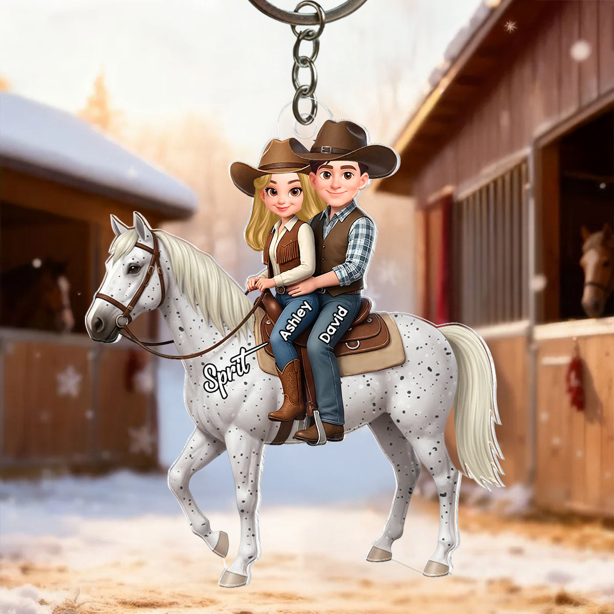 3D Effect Couple And Their Horse - Personalized Acrylic Car Hanger - Valentine's Gift For Couple, For Horse Lovers