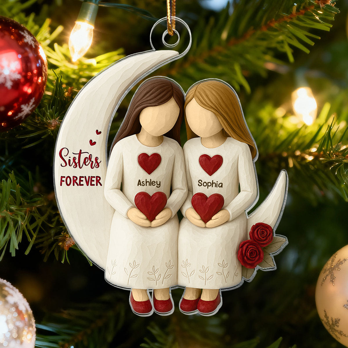 3D Effect Roses Sisters On Moon Wooden Texture - Personalized Acrylic Ornament - Christmas Gift For Sisters