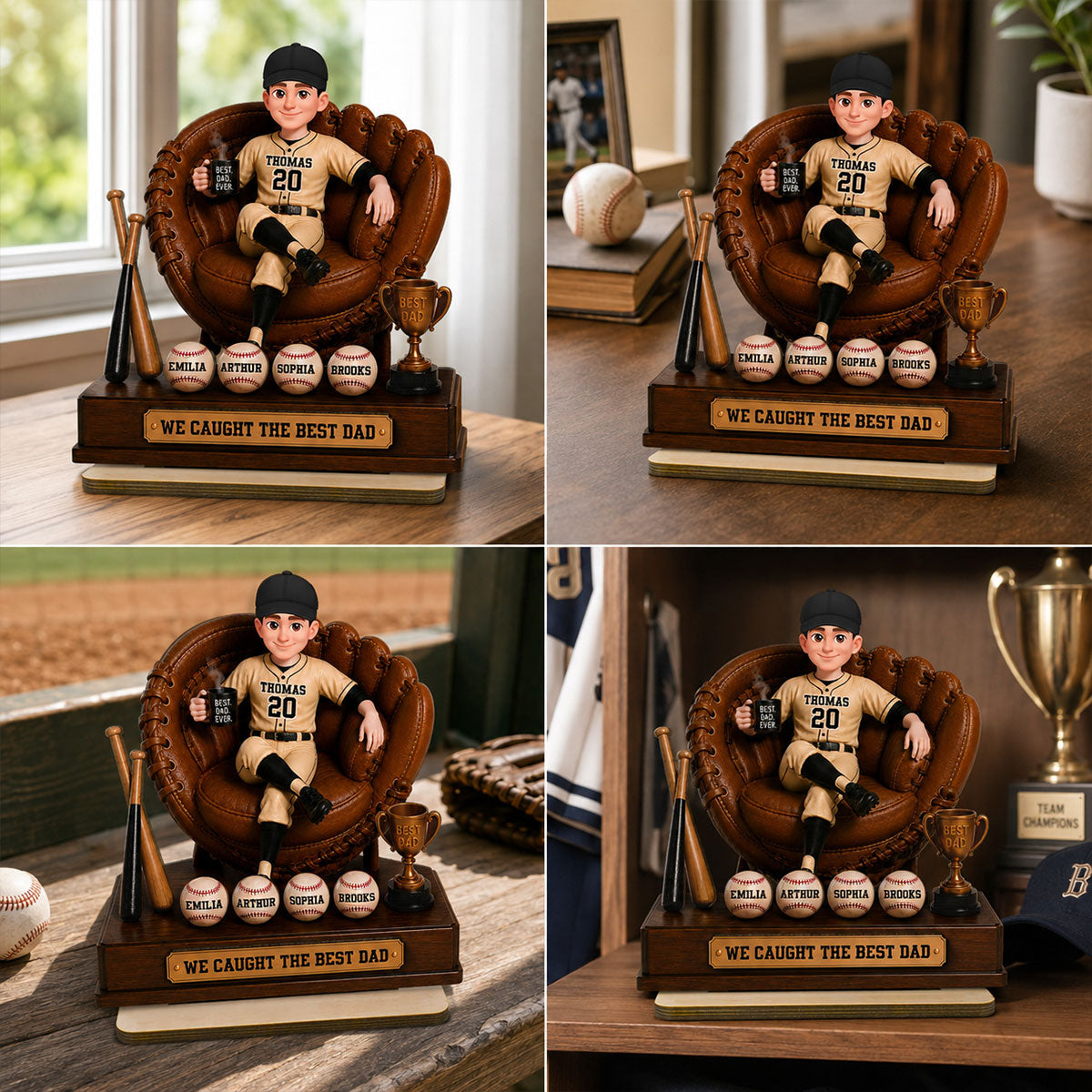 Baseball Dad Sitting On Glove With Kids Names 2D Flat - Personalized Wooden Plaque