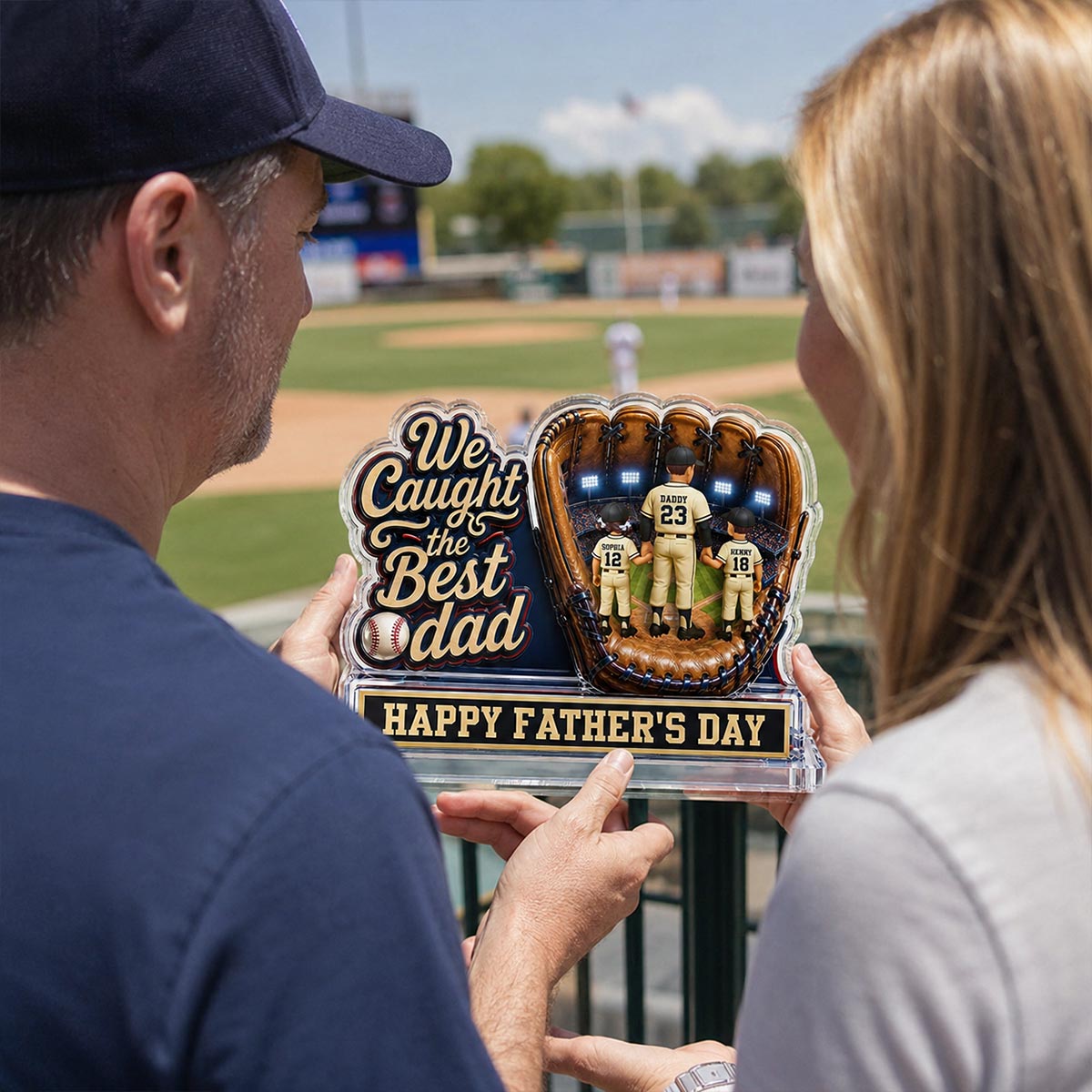 We Caught The Best Dad Dad & Kids In Glove 2D Flat - Personalized Acrylic Block Plaque - Happy  For Baseball Dad