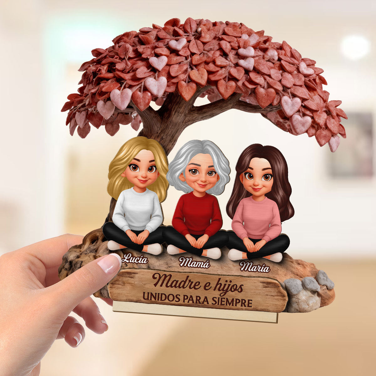 Mamá y Hija Hijo Bajo el Árbol del Corazón - Placa de Madera Personalizada de 2 Capas - Regalo para Mamá