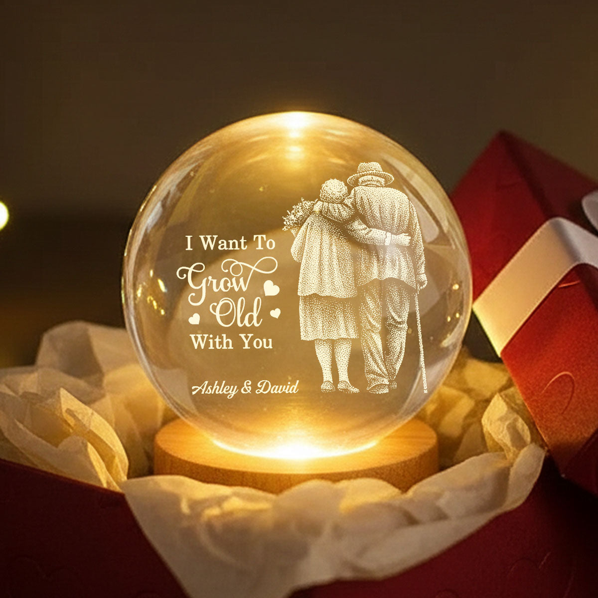 Eternal Love Old Couple Wanna Grow Old With You - Personalized Crystal Ball LED Night Light - Valentine's Day Gift For Couple