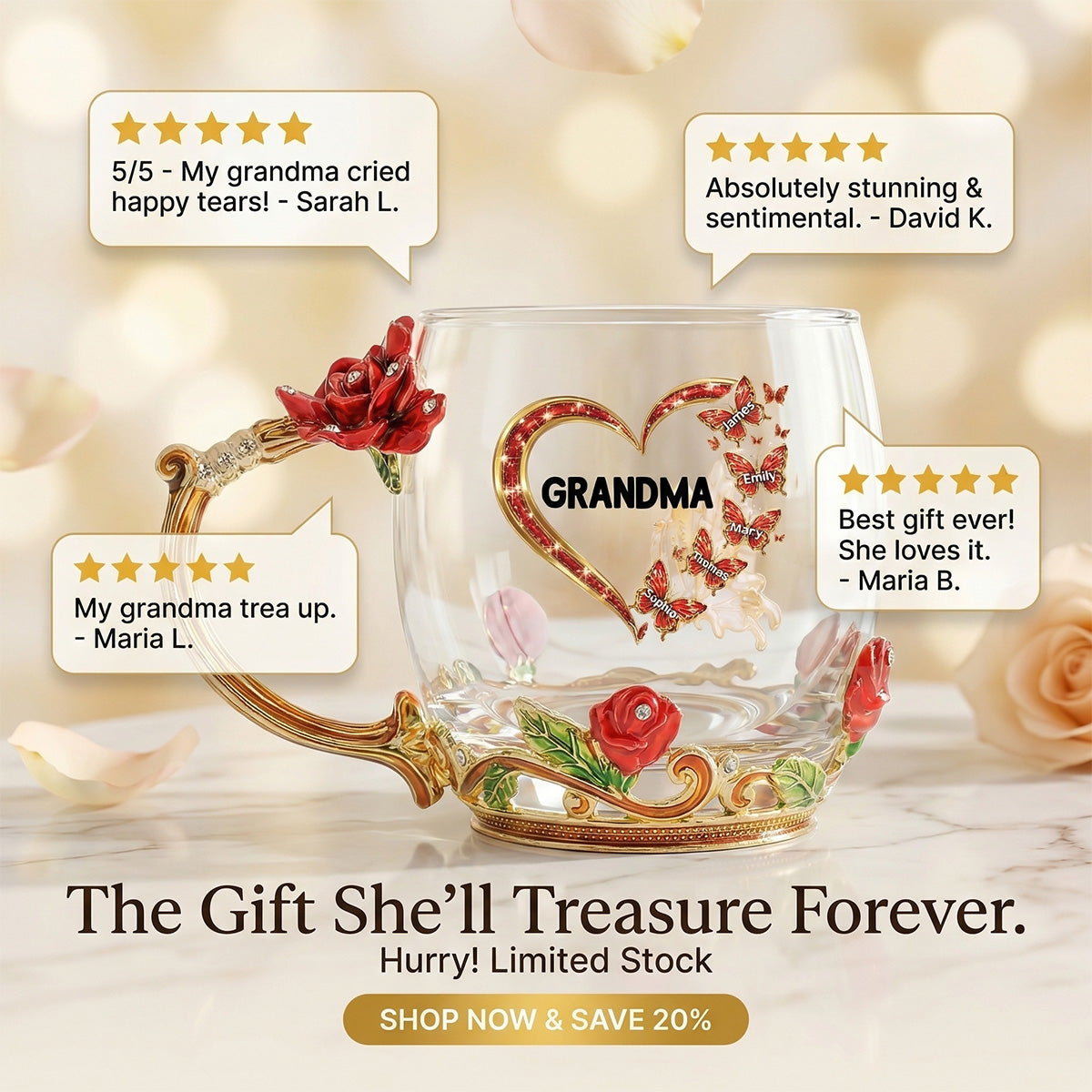 Grandma Butterflies Heart Custom Kids Names - Personalized Enamel Flower Tea Cup - Gift For Grandma, Mom