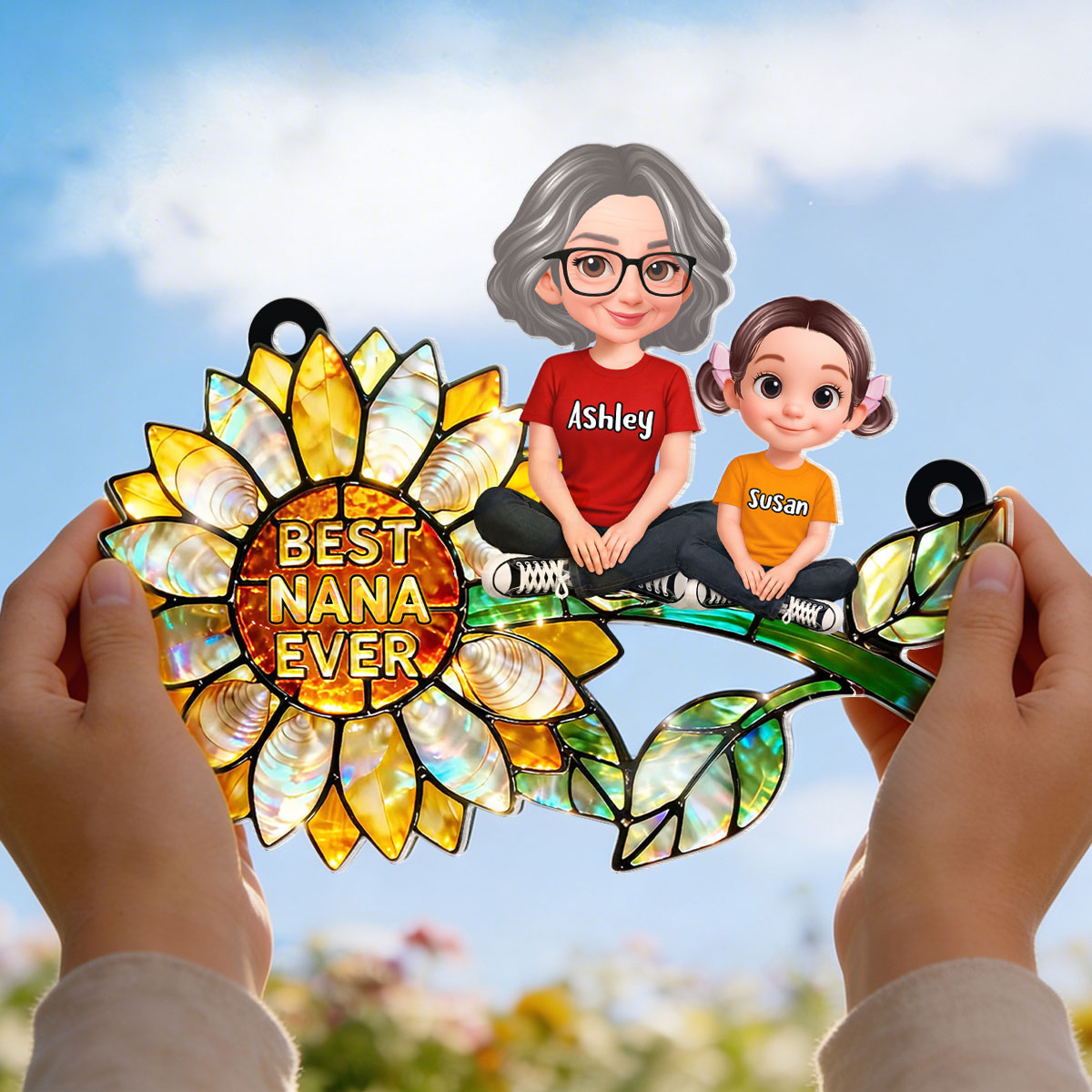 Sunflower Grandma and Grandkids Sitting - Personalized Window Hanging Suncatcher - Mother's Day Gift for Mom, Wife