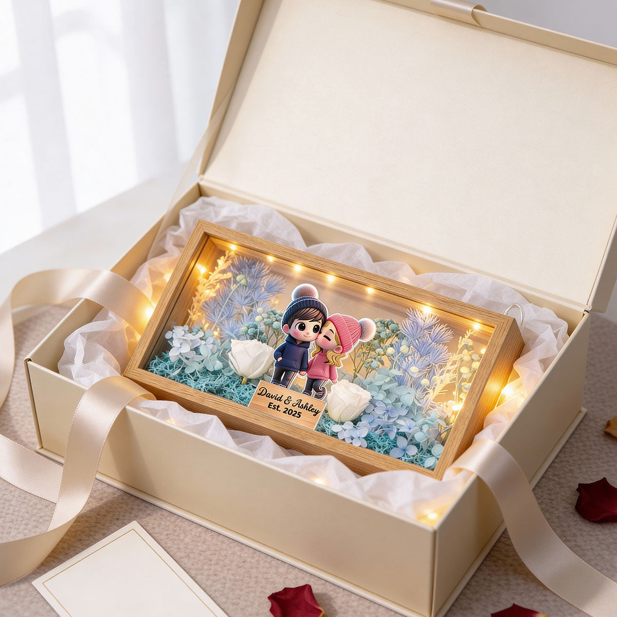 Eternal Love Cute Cartoon Chibi Couple Couple - Personalized DIY Flower Shadow Box LED Night Light - Gift For Couple, For Him, For Her