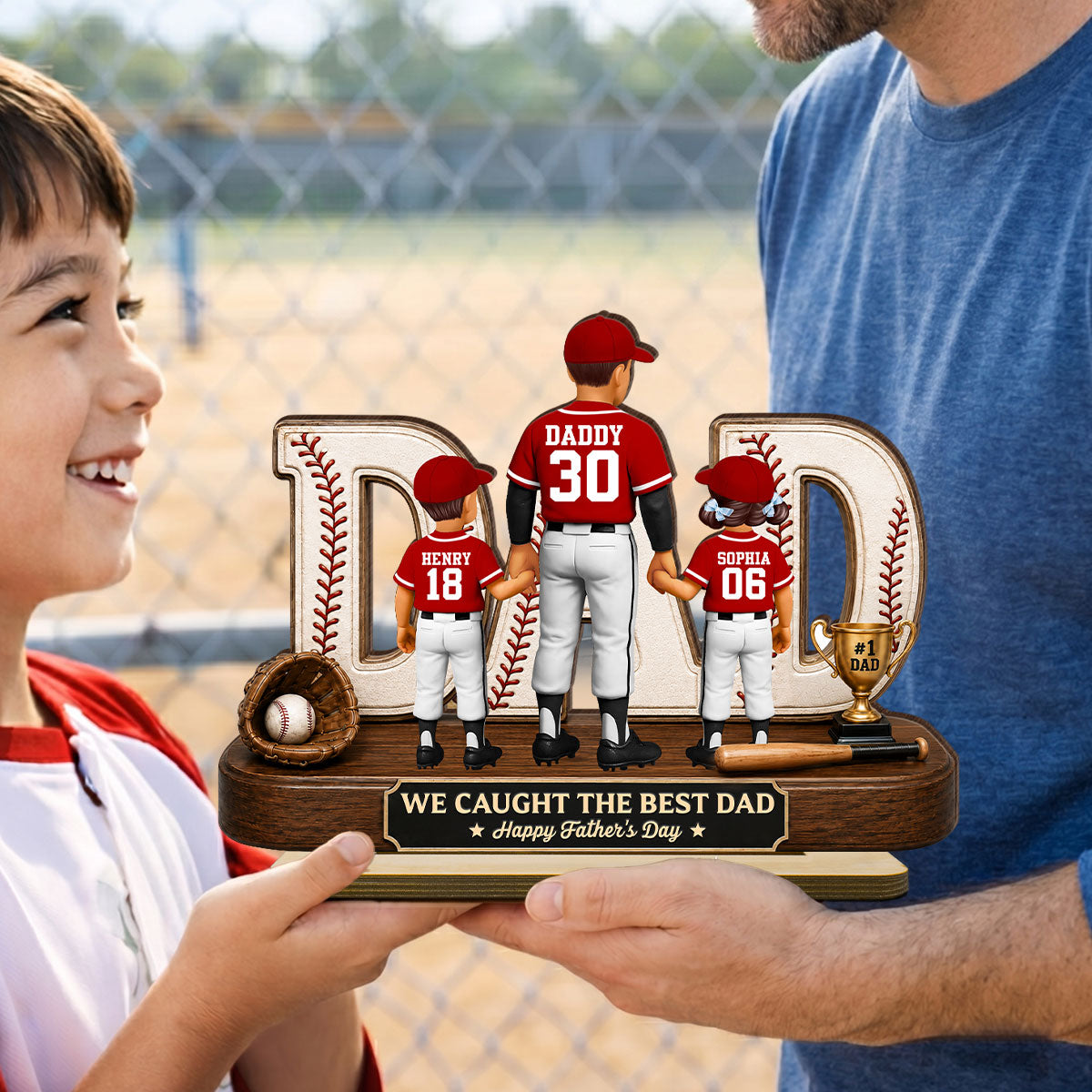 No 1 Baseball Dad Legend We Caught The Best Dad - Personalized 2-Layered Wooden Plaque -  Gift For Dad, Husband