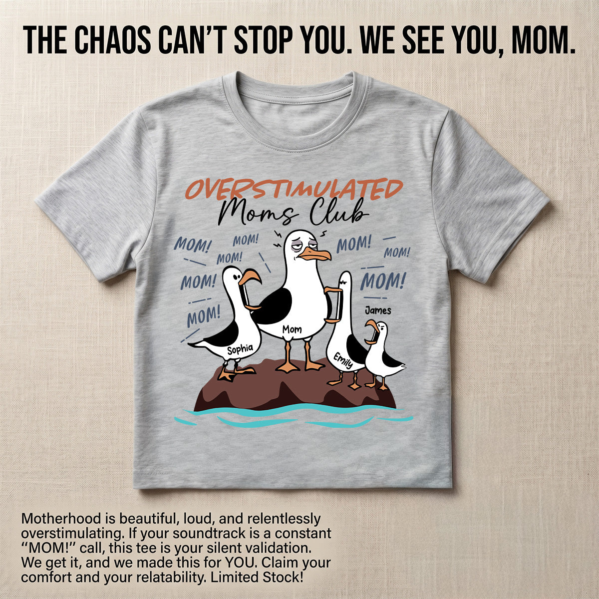 Overstimulated Moms Club Seagull Mom Mom Mom - Personalized Shirt - Funny Mother's Day Gift For Mom