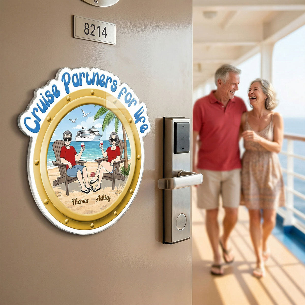 Cruise Partners For Life Porthole Old Couple Sitting On The Beach - Personalized Cruise Ship Door Magnet
