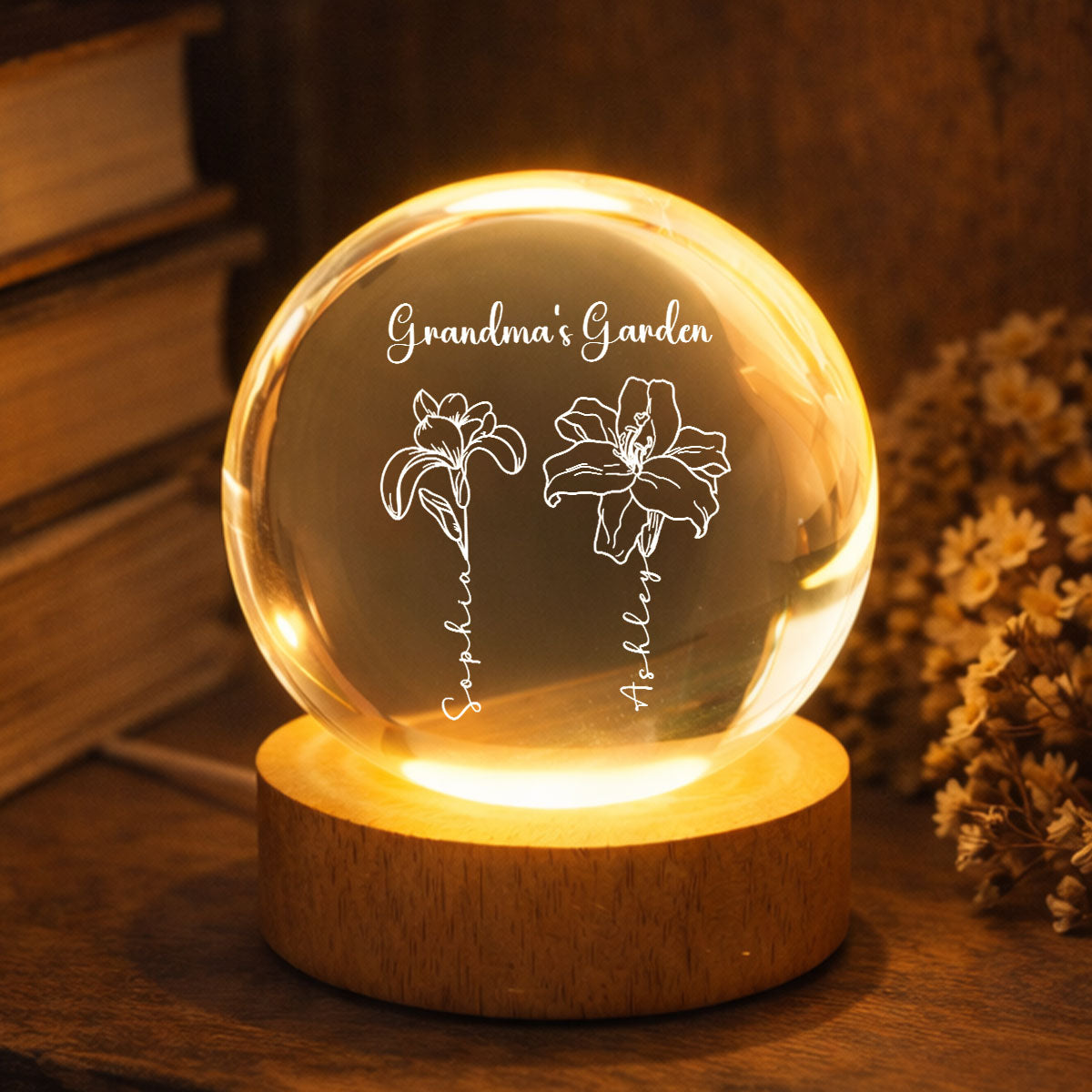 Grandma Garden Custom Birth Month Flowers - Personalized Crystal Ball LED Night Light - Heartfelt Gift For Grandma