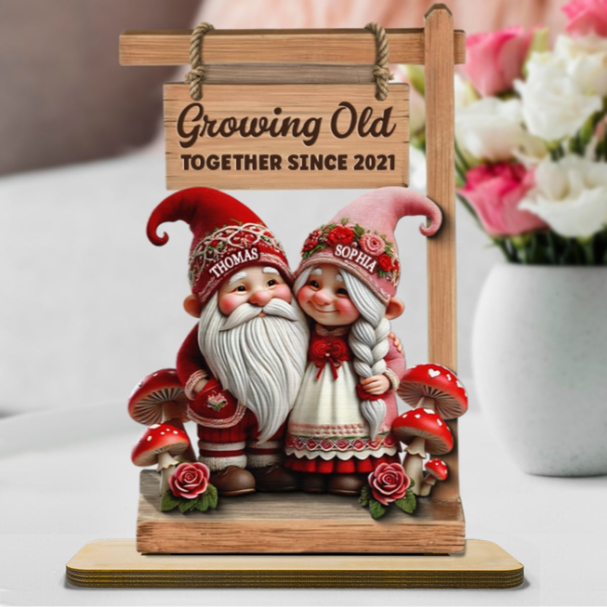 3D Effect Valentine Theme Gnome Couple Standing - Personalized 2-Layer Wooden Plaque - Gift For Him, Gift For Her