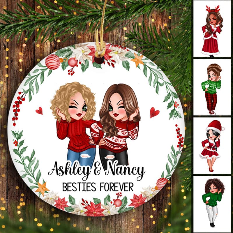 Christmas Wreath Besties Forever Best Friends Pretty Women Personalized Circle Ornament