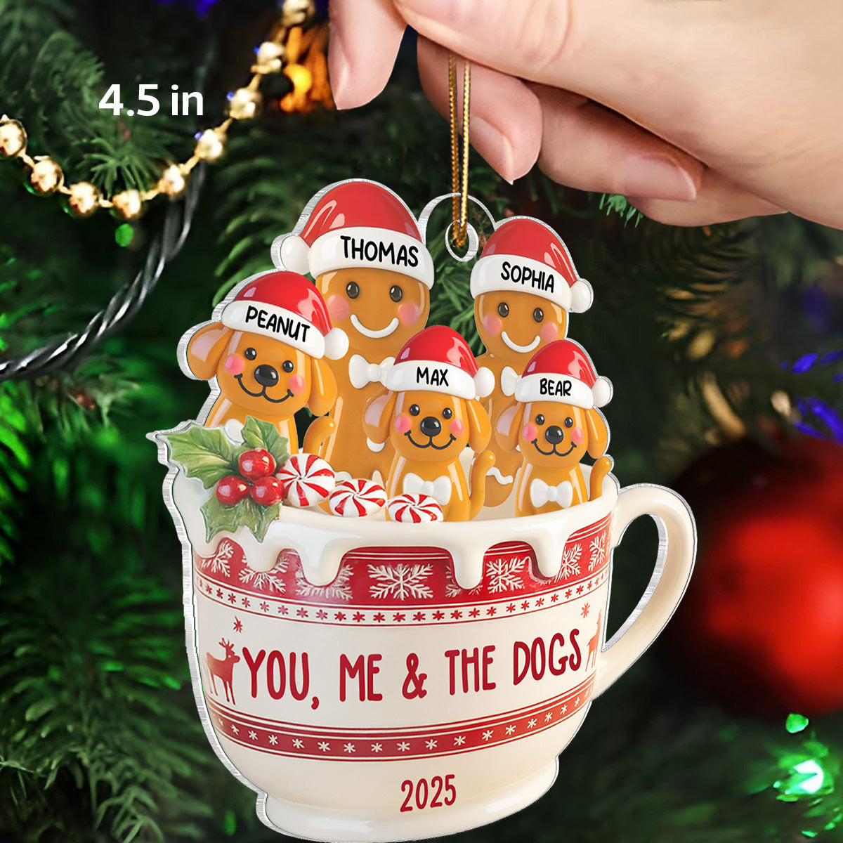 3D Effect Gingerbread Couple & Dog Cat In Hot Cocoa - Personalized Acrylic Ornament