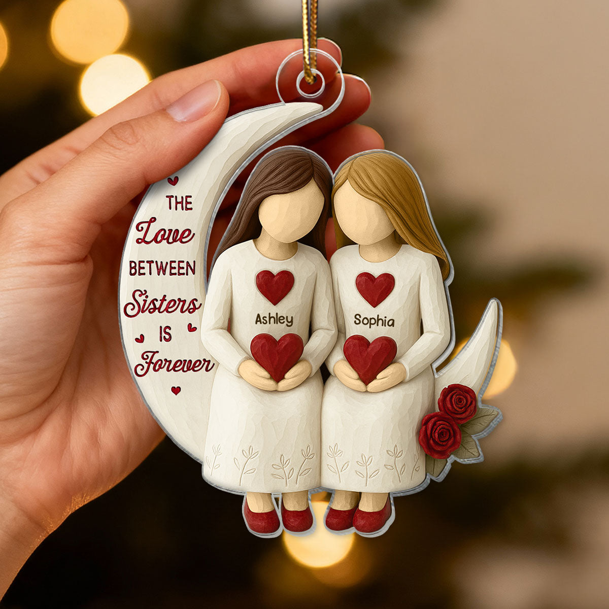 3D Effect Roses Sisters On Moon Wooden Texture - Personalized Acrylic Ornament - Christmas Gift For Sisters
