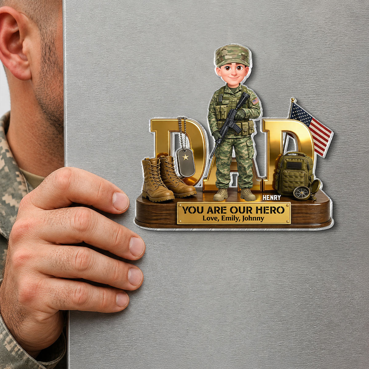 Proud American Army Millitary Dad - Personalized Acrylic Fridge Magnet - Father's Day Gift For Dad