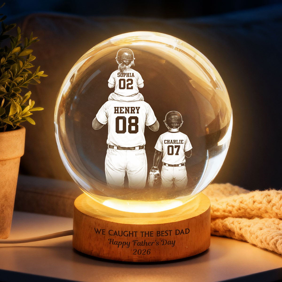 We Caught the Best Dad - Personalized Crystal Ball LED Night Light -  Gift for Dad, Husband