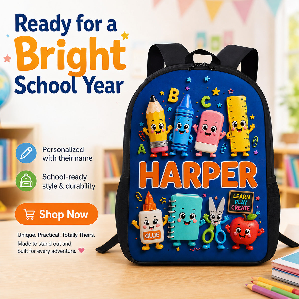 Playful School Things With Kid Name 2D Flat - Personalized Backpack - Back To School Gift