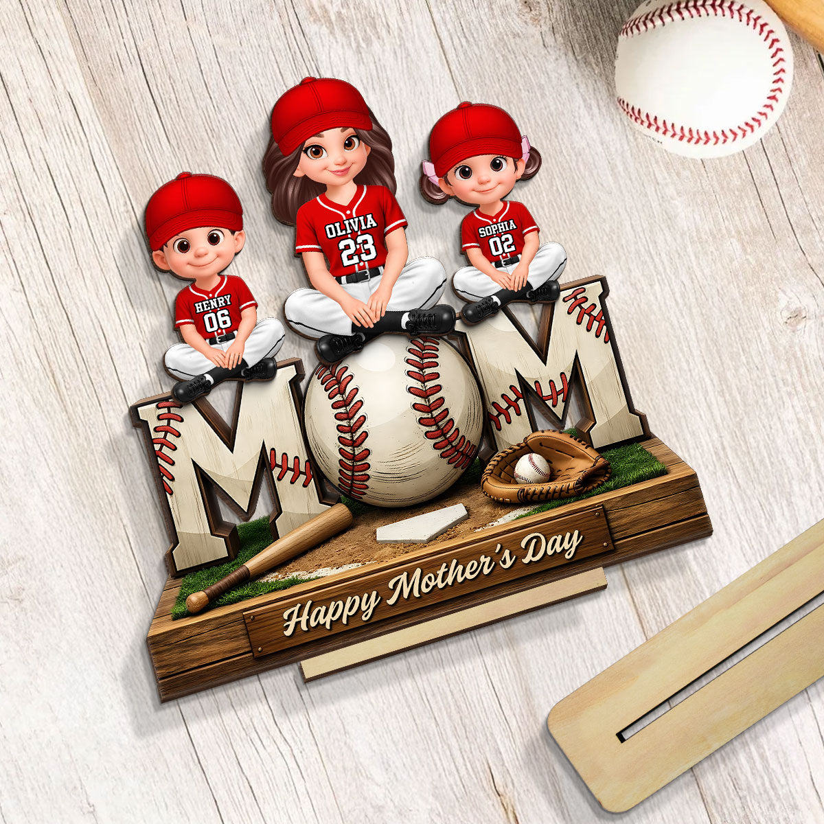 Baseball Mom And Kids Happy Mother's Day - Personalized 2-Layered Wooden Plaque - Mother's Day Gift For Baseball Mom