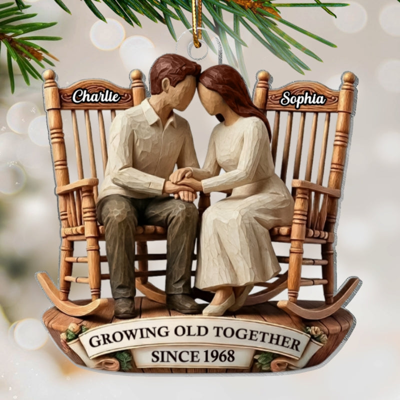 Couple Sitting On Rocking Chairs Faux Wood - Personalized Acrylic Ornament - Heartwarming Christmas Gift For Him, For Her, For Couple