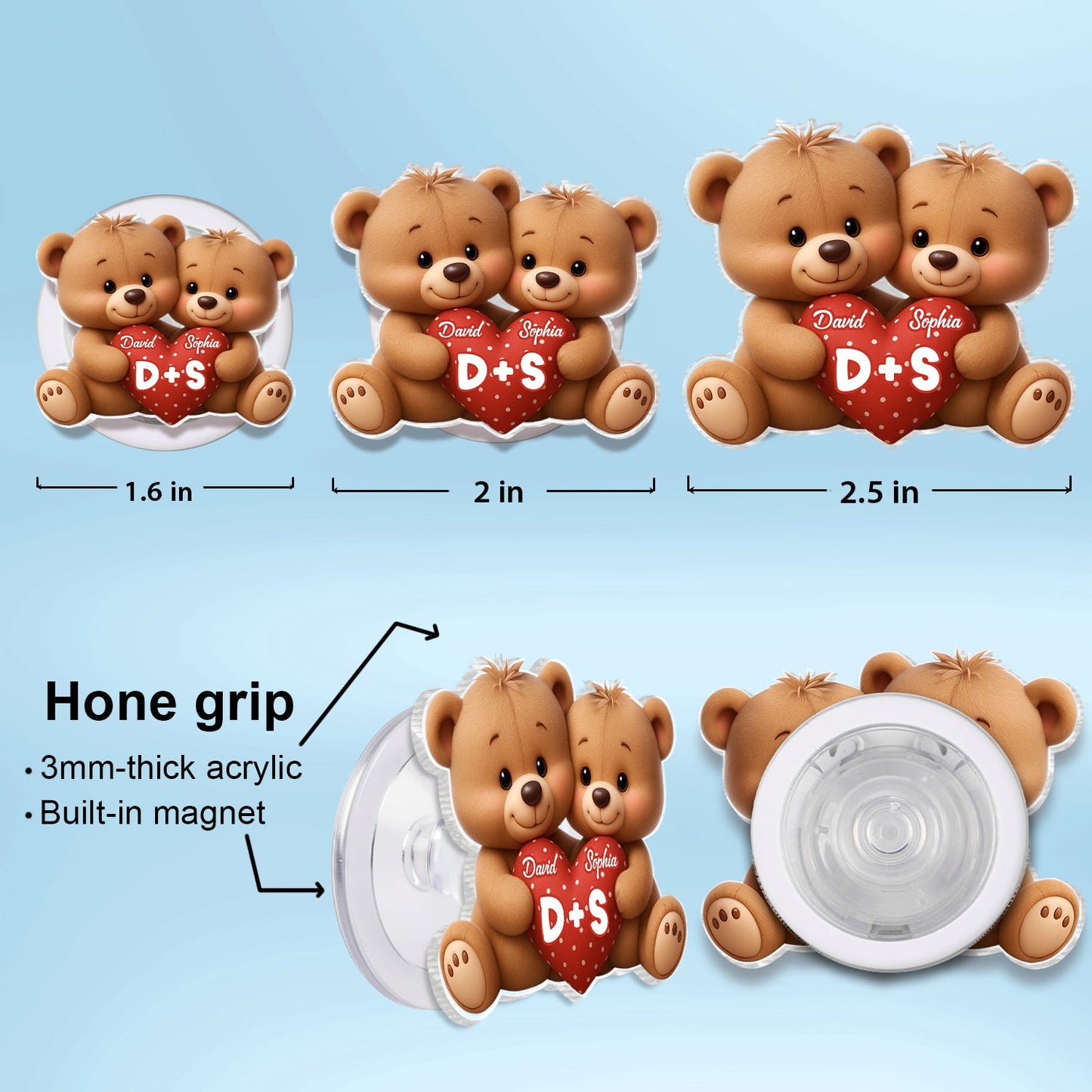 Bear Couple Holding Heart - Personalized Acrylic Magnetic Phone Grip - Gift for him, for her, Matching Phone Grips for Couple