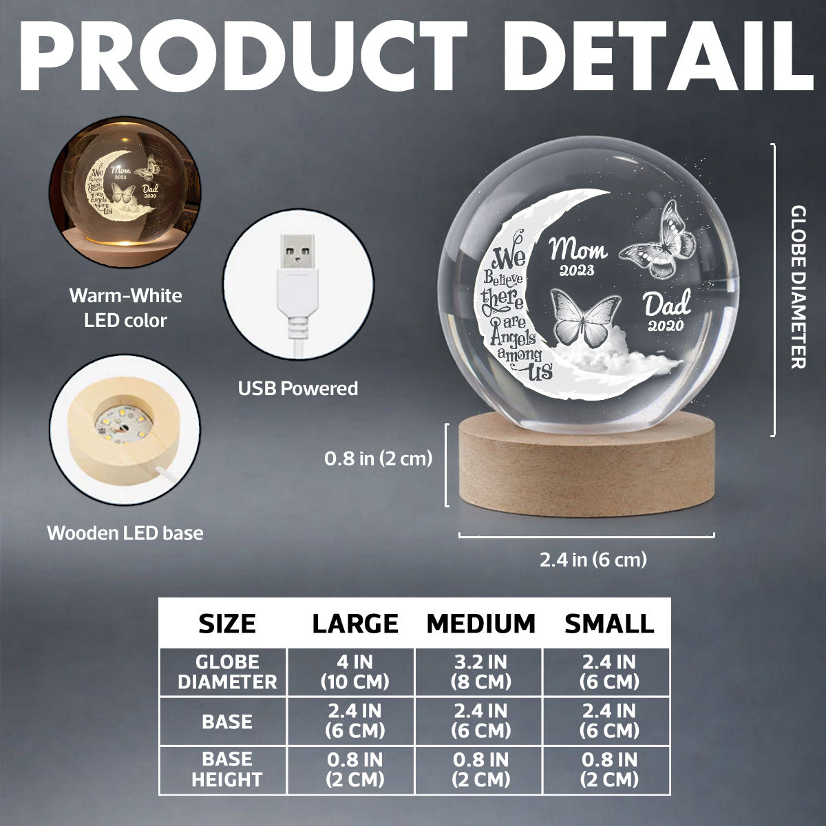 We Believe There're Angels Among Us - Personalized Crystal Ball LED Night Light - Heartfelt Remembrance Memorial Keepsake