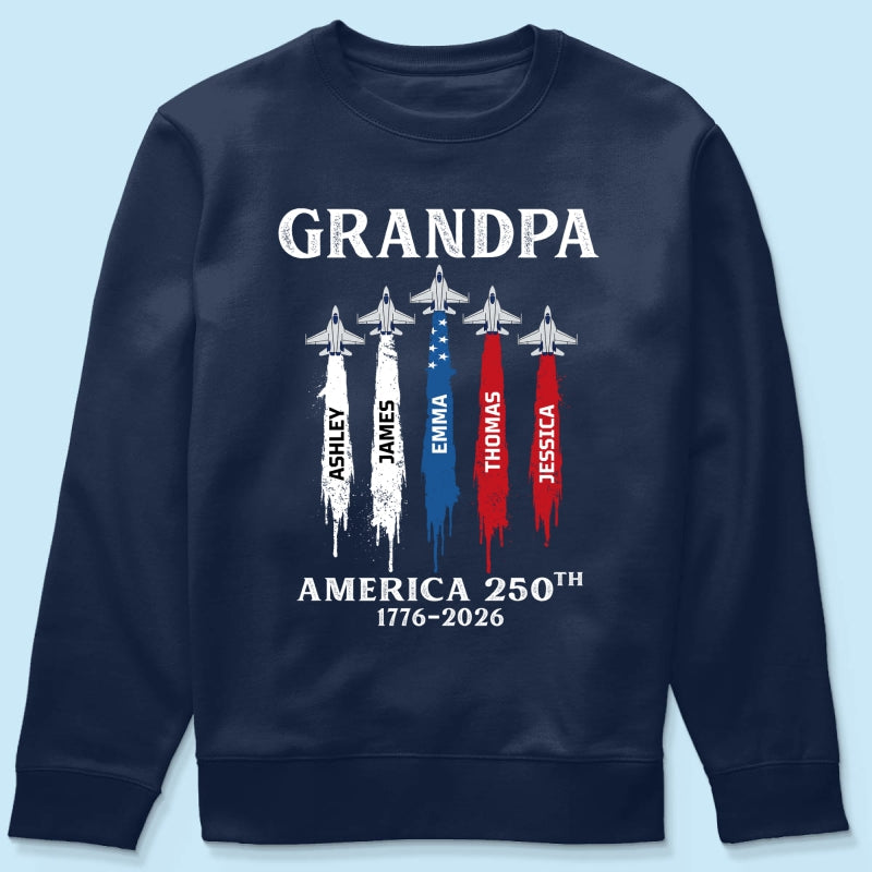 Grandpa Dad Patriotic Jet Fighter Custom Kids Names - Personalized Shirt - Father's Day Gift, America 250th Anniversary, 1776 - 2026