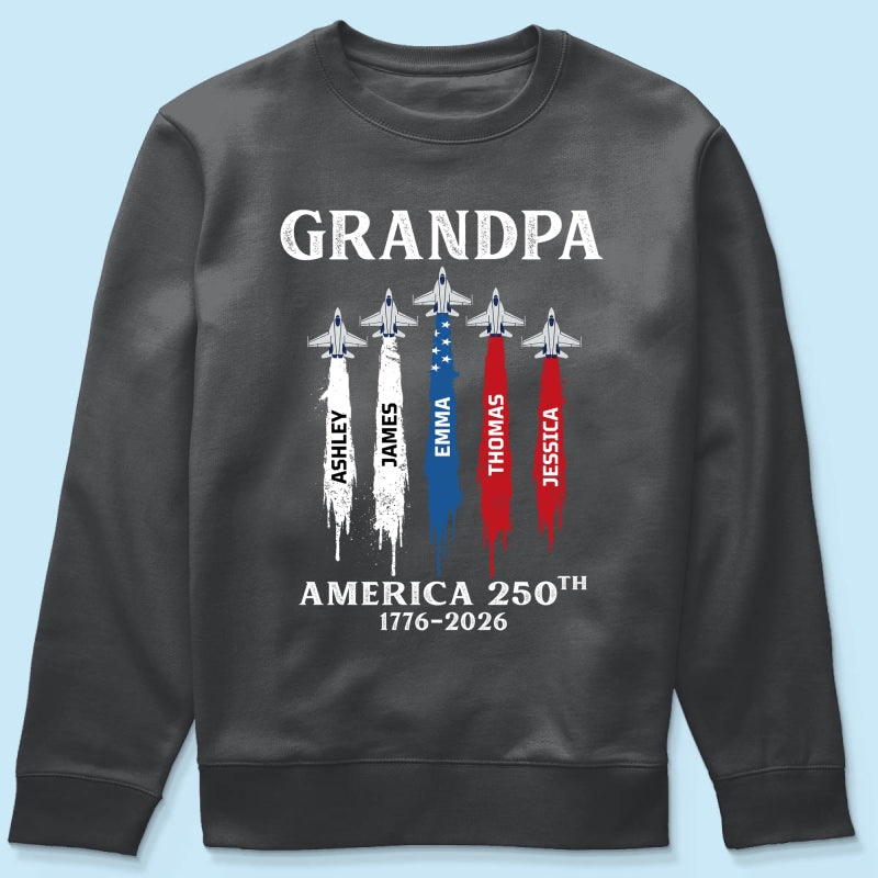 Grandpa Dad Patriotic Jet Fighter Custom Kids Names - Personalized Shirt - Father's Day Gift, America 250th Anniversary, 1776 - 2026