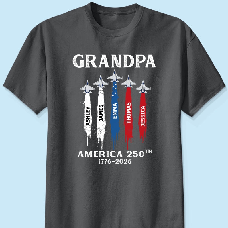 Grandpa Dad Patriotic Jet Fighter Custom Kids Names - Personalized Shirt - Father's Day Gift, America 250th Anniversary, 1776 - 2026
