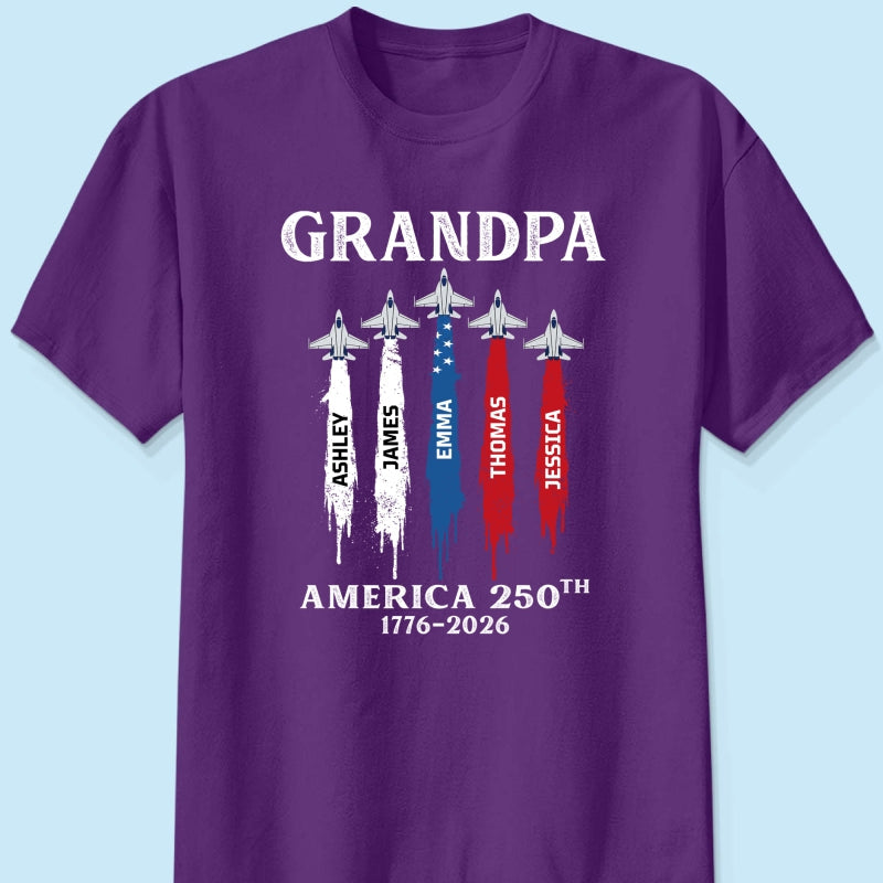 Grandpa Dad Patriotic Jet Fighter Custom Kids Names - Personalized Shirt - Father's Day Gift, America 250th Anniversary, 1776 - 2026