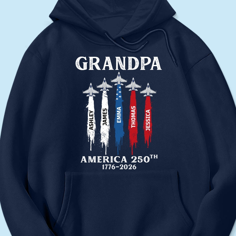 Grandpa Dad Patriotic Jet Fighter Custom Kids Names - Personalized Shirt - Father's Day Gift, America 250th Anniversary, 1776 - 2026
