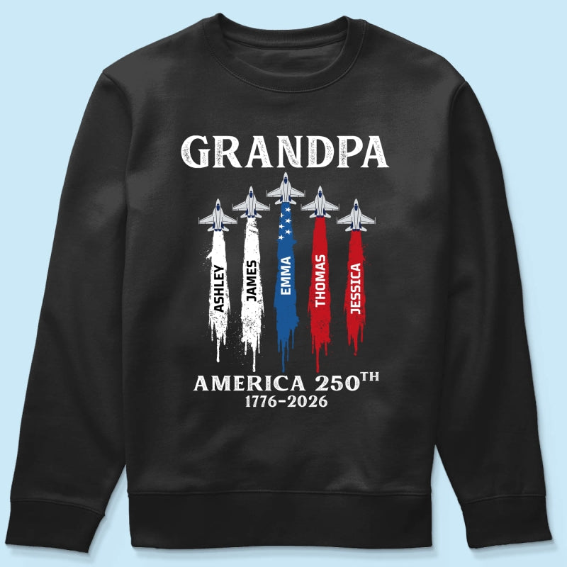 Grandpa Dad Patriotic Jet Fighter Custom Kids Names - Personalized Shirt - Father's Day Gift, America 250th Anniversary, 1776 - 2026