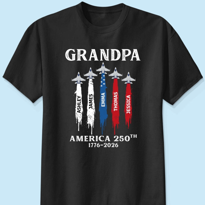 Grandpa Dad Patriotic Jet Fighter Custom Kids Names - Personalized Shirt - Father's Day Gift, America 250th Anniversary, 1776 - 2026