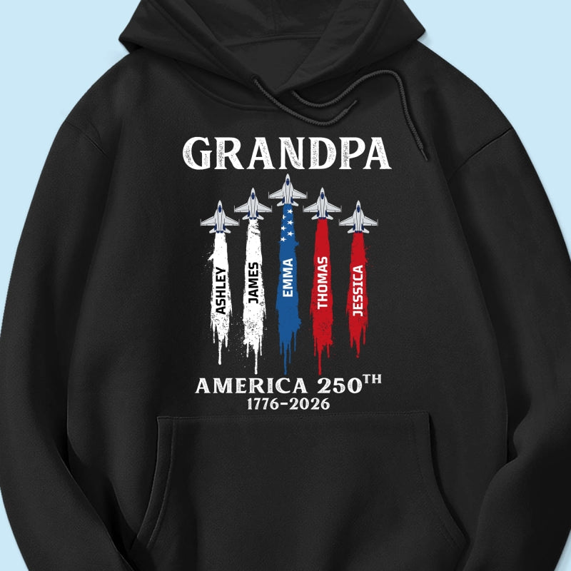 Grandpa Dad Patriotic Jet Fighter Custom Kids Names - Personalized Shirt - Father's Day Gift, America 250th Anniversary, 1776 - 2026