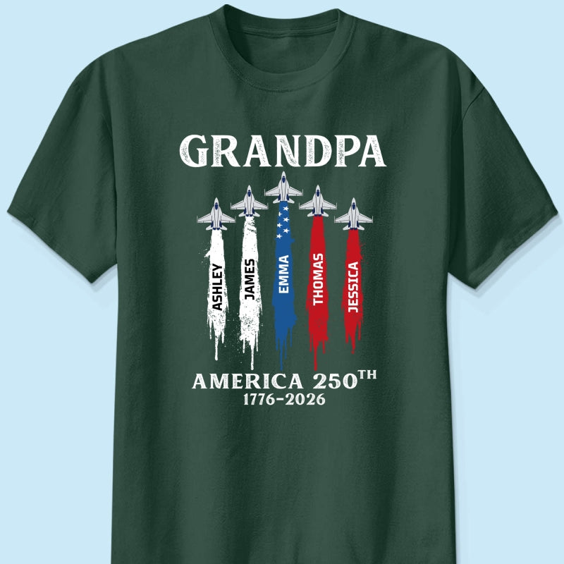 Grandpa Dad Patriotic Jet Fighter Custom Kids Names - Personalized Shirt - Father's Day Gift, America 250th Anniversary, 1776 - 2026