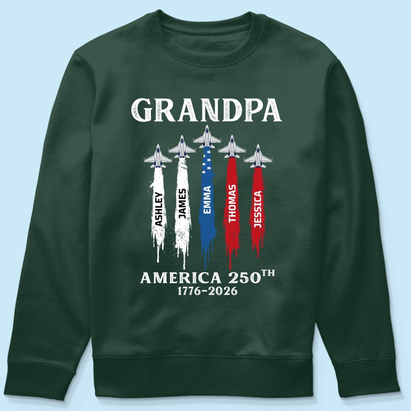 Grandpa Dad Patriotic Jet Fighter Custom Kids Names - Personalized Shirt - Father's Day Gift, America 250th Anniversary, 1776 - 2026
