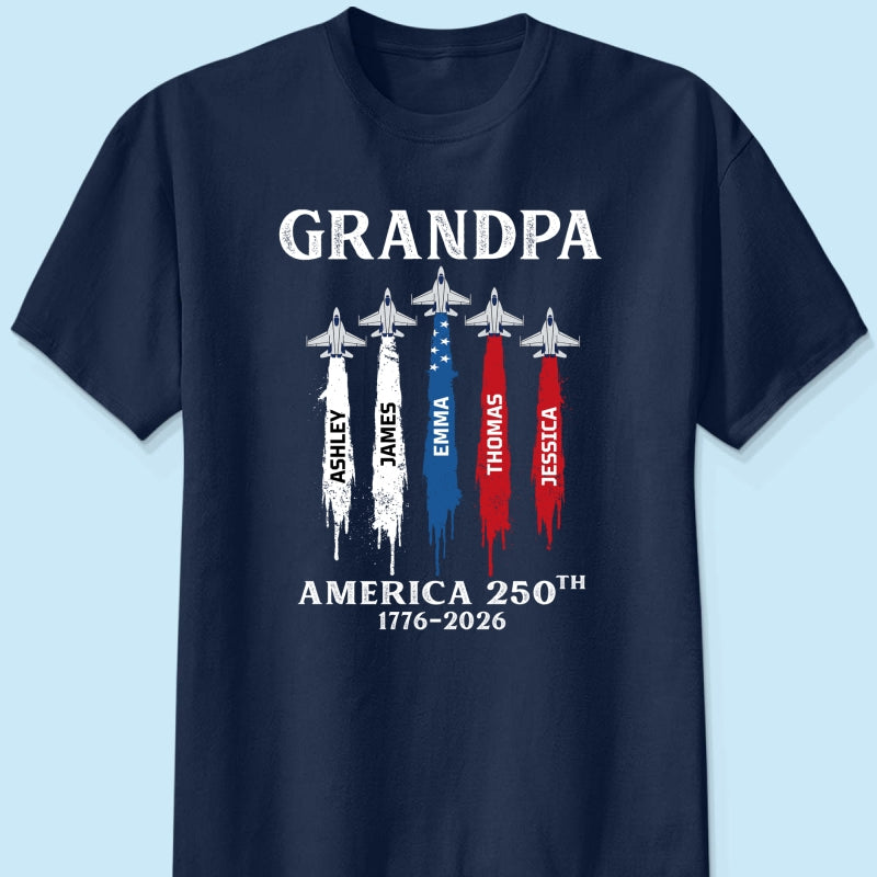 Grandpa Dad Patriotic Jet Fighter Custom Kids Names - Personalized Shirt - Father's Day Gift, America 250th Anniversary, 1776 - 2026