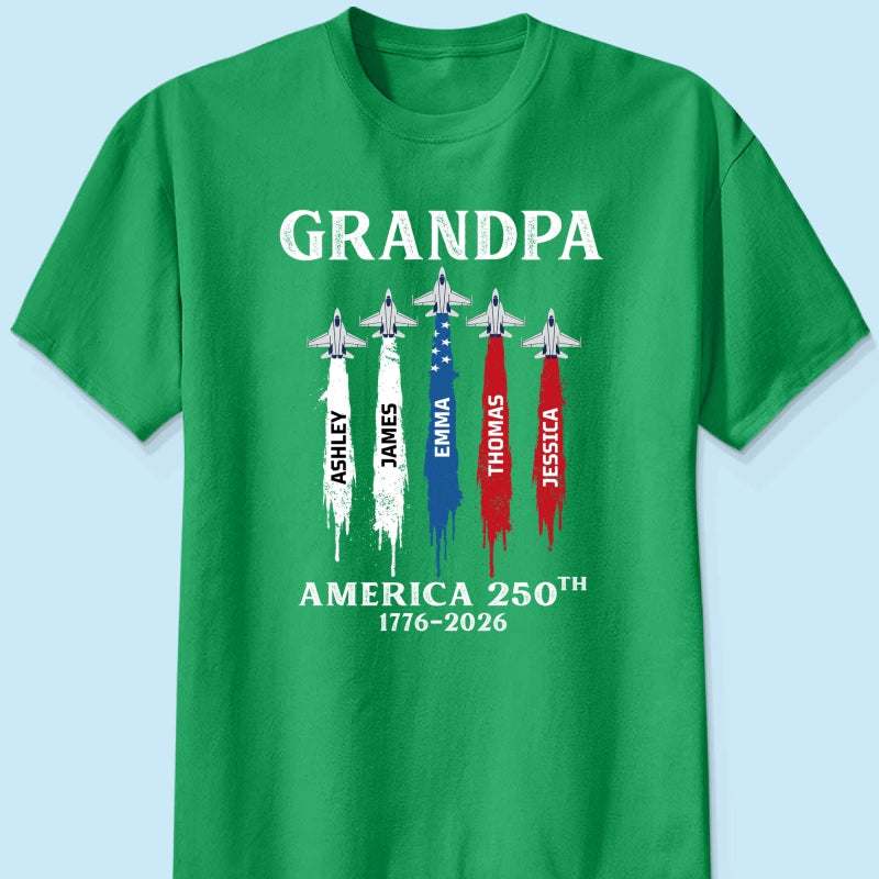 Grandpa Dad Patriotic Jet Fighter Custom Kids Names - Personalized Shirt - Father's Day Gift, America 250th Anniversary, 1776 - 2026