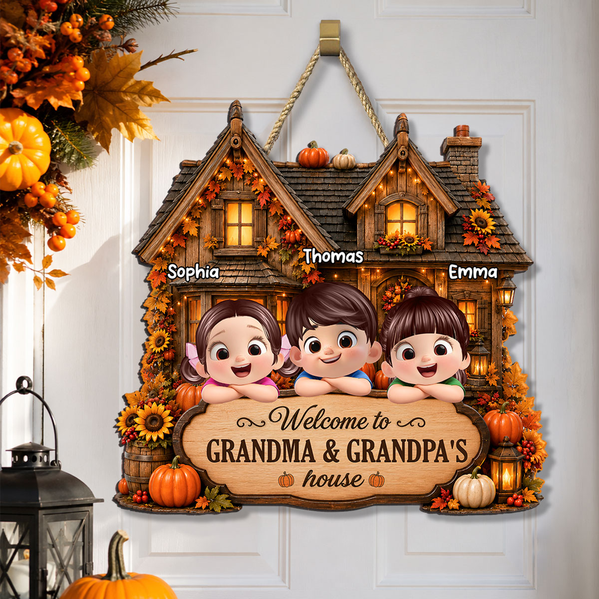 Welcome to Grandma Grandpa Fall Pumpkin House - Personalized Wooden Door Sign - Fall Thanksgiving Farmhouse Gift
