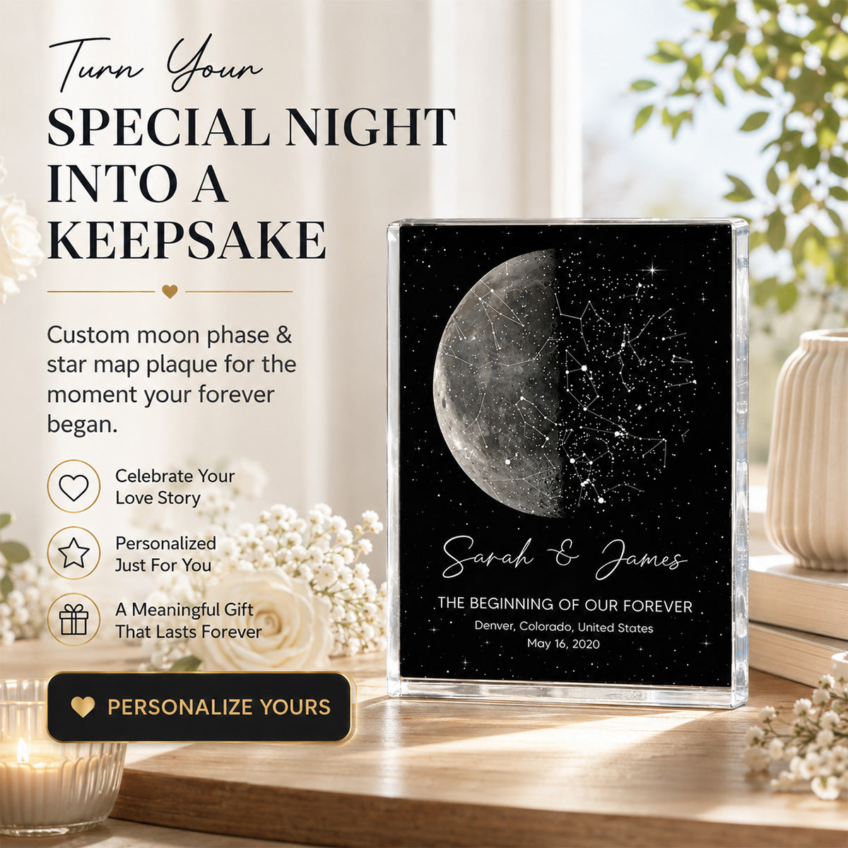 The Night It All Began Custom Moon Phase & Star Map - Personalized Acrylic Block Plaque - Gift For Couple