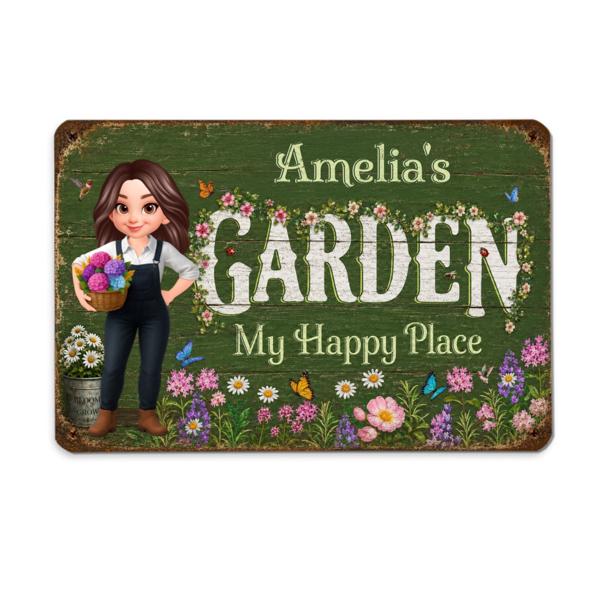 My Happy Place Flower Garden - Personalized Metal Sign - Gift for Her