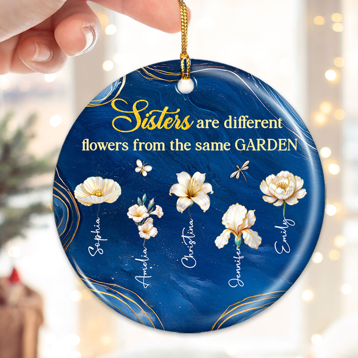 3D Effect Birth Flowers Sisters From The Same Garden - Personalized Ceramic Ornament - Christmas Gift For Sisters