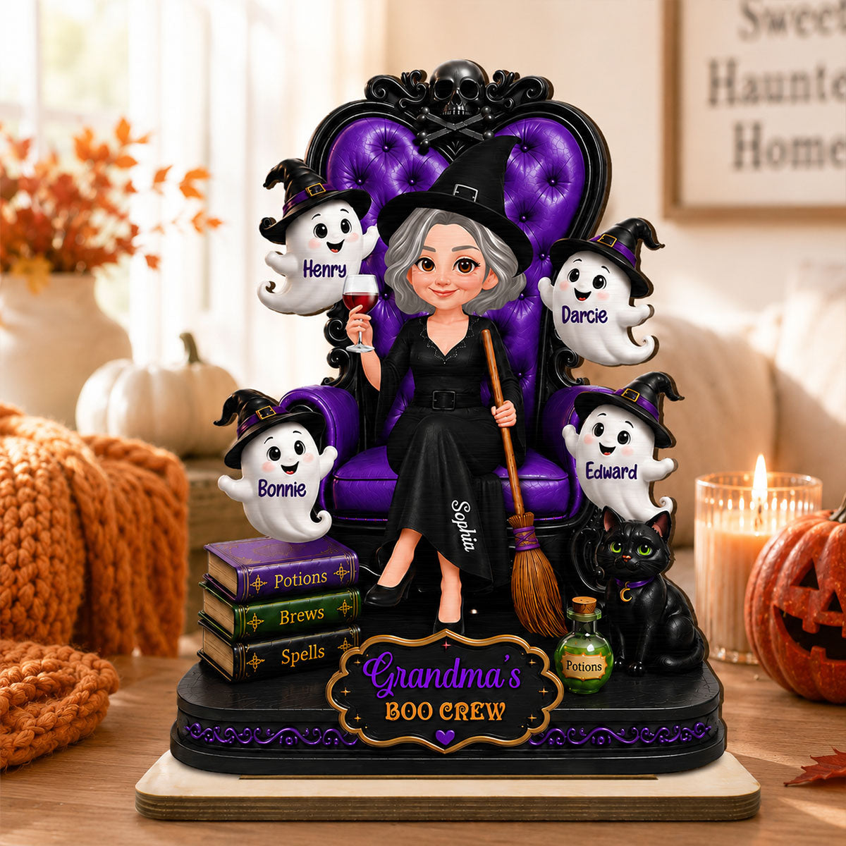 Grandma Witch Sitting On Chair 2D Flat - Personalized Wooden Plaque - Halloween Decoration