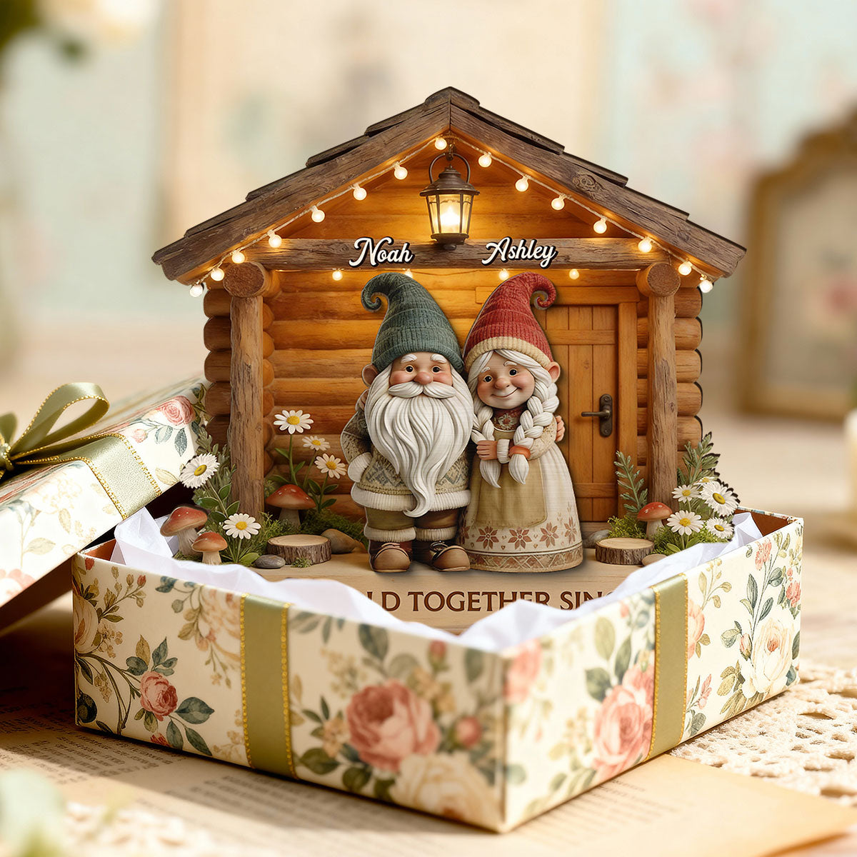 Eternal Love Gnome Couple At Wooden Cabin - Personalized 2-Layered Wooden Plaque - Heartfelt Gift For Couple