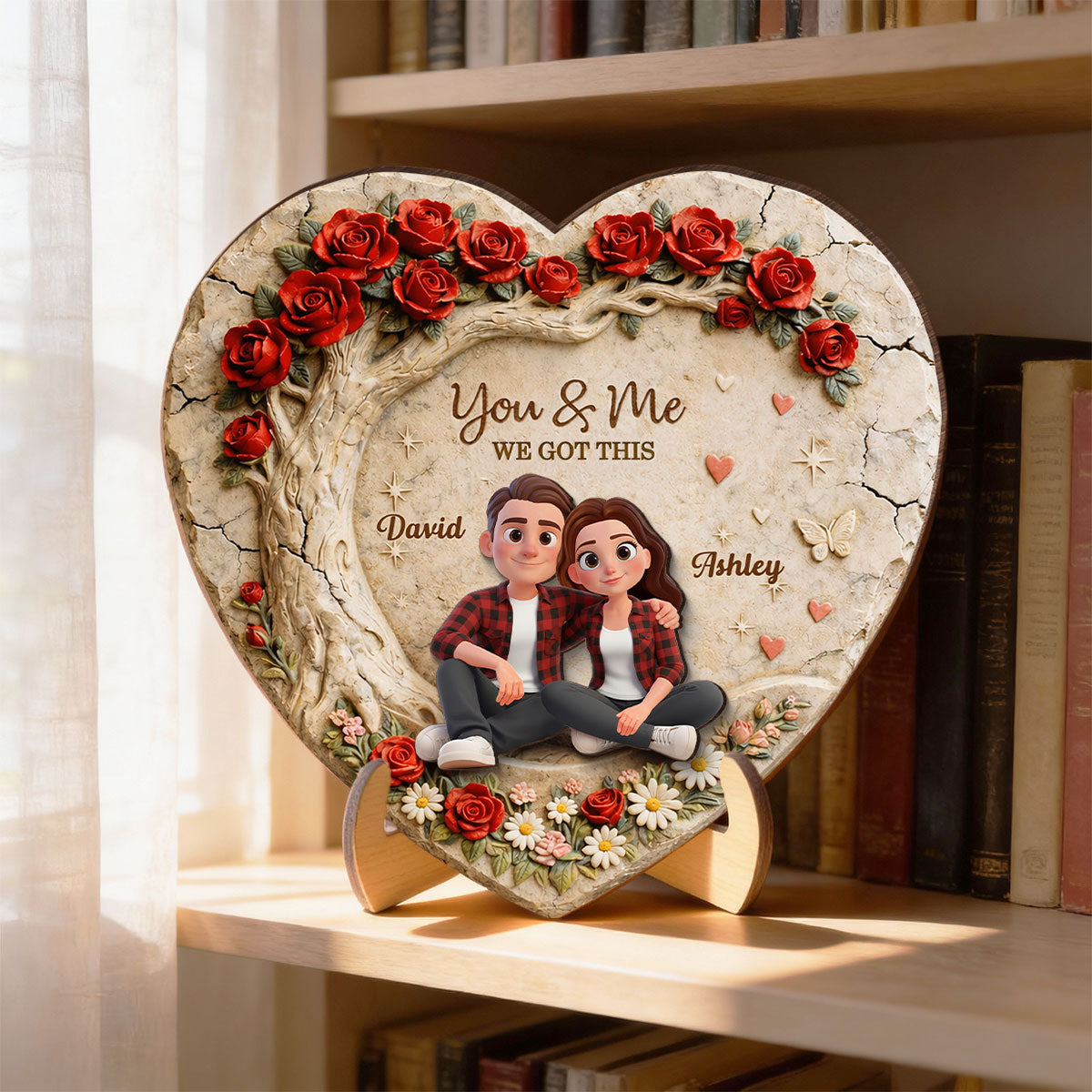Couple Stone Romantic Heart Rose - Personalized 2-Layered Wooden Plaque - Anniversary, Valentine's Day Gift, Gift For Him, Gift For Her