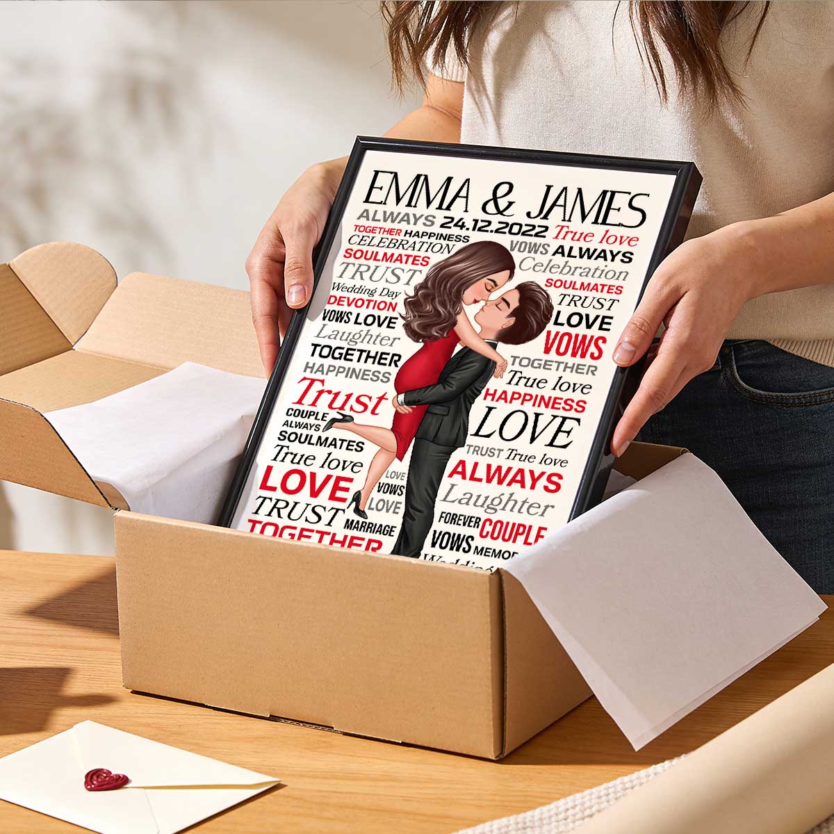 Typography Word Art Couple Hugging Kissing - Personalized Poster - Valentine's Day, Anniversary Gift For Her, Gift For Him