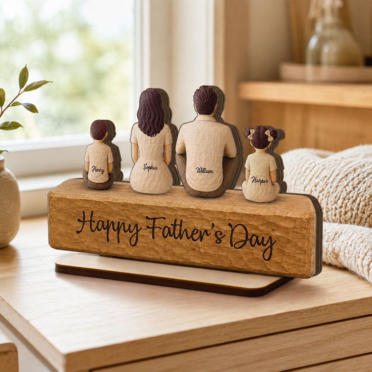 Family Sitting Back View 2D Flat Printed - Personalized 2-Layered Wooden Plaque - Gift For Dad, Gift For Husband, Gift For Grandpa