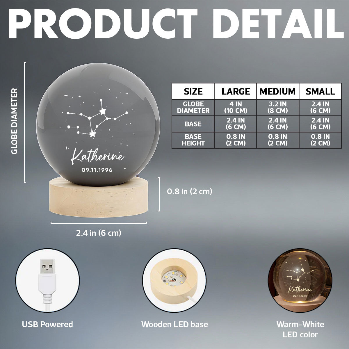 Birthday Zodiac Constellation Astrology Star Sign Art - Personalized Crystal Ball LED Night Light - Birthday Gift, Keepsake