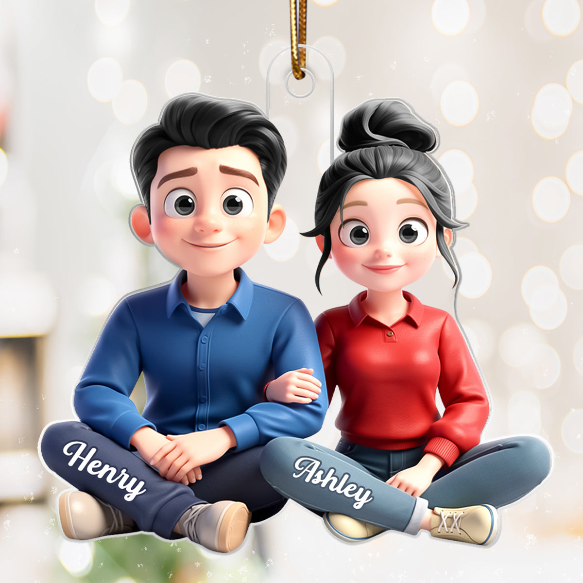 Cartoon Couple Sitting Together - Personalized Acrylic Ornament - Christmas Gift for him, Gift for her
