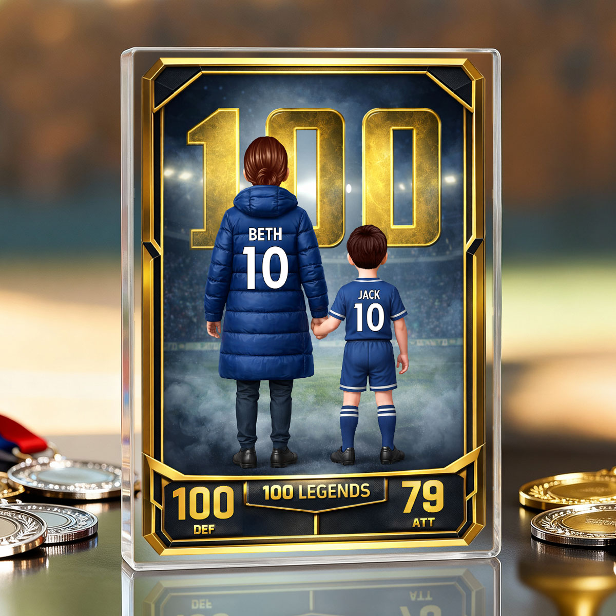 Mum And Kids 100 Legends Trading Card - Personalised Acrylic Block Plaque - Gift For Football Mum