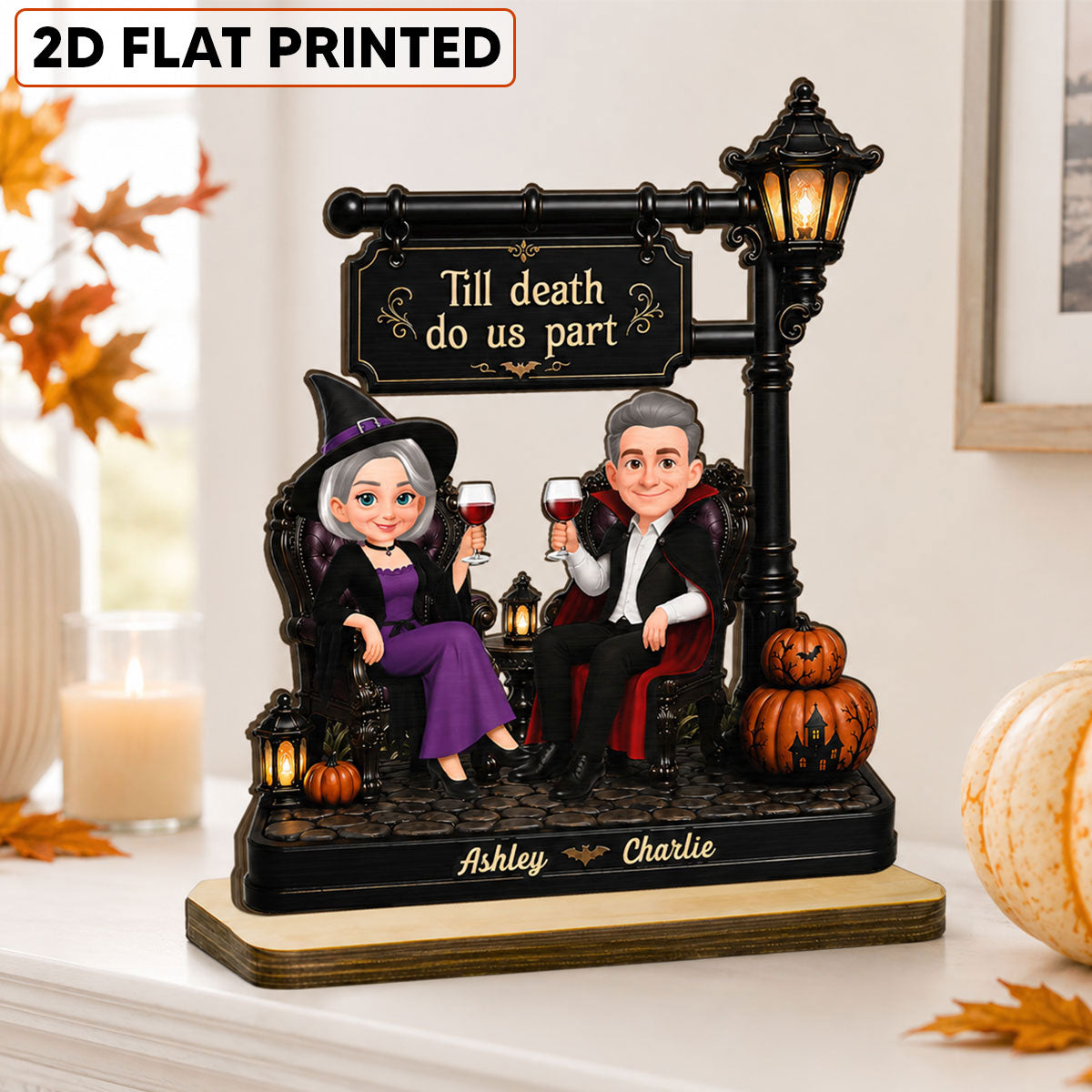 Classic Halloween Couple Under Lamp Post - Personalized 2-Layered Wooden Plaque - Halloween Decoration For Couple
